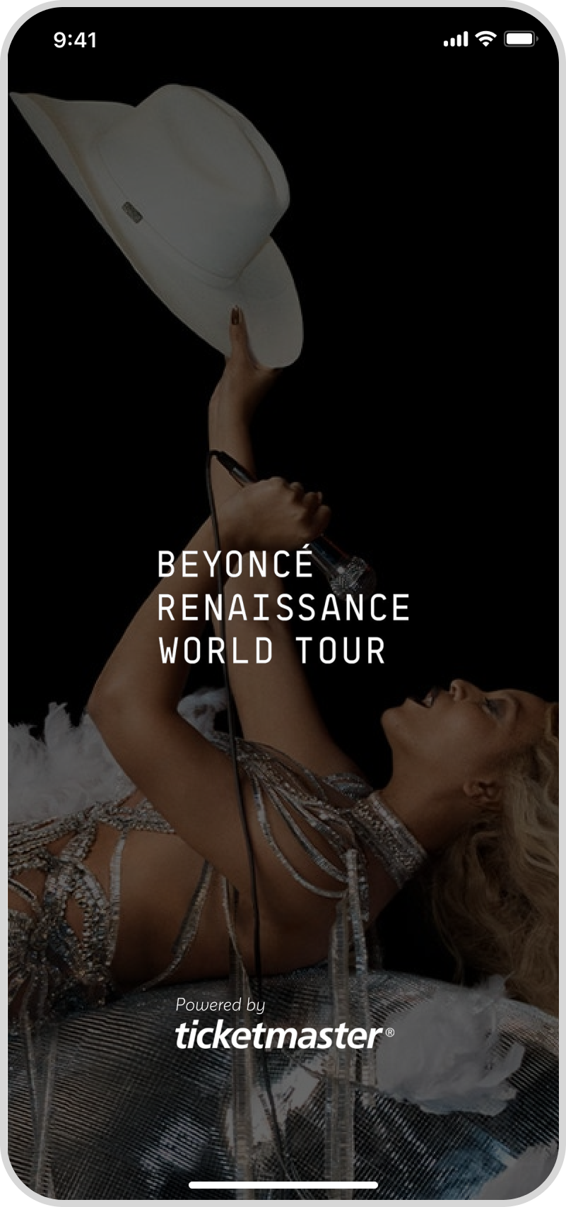 Splash screen of Ignite app with a Beyoncé image in the background